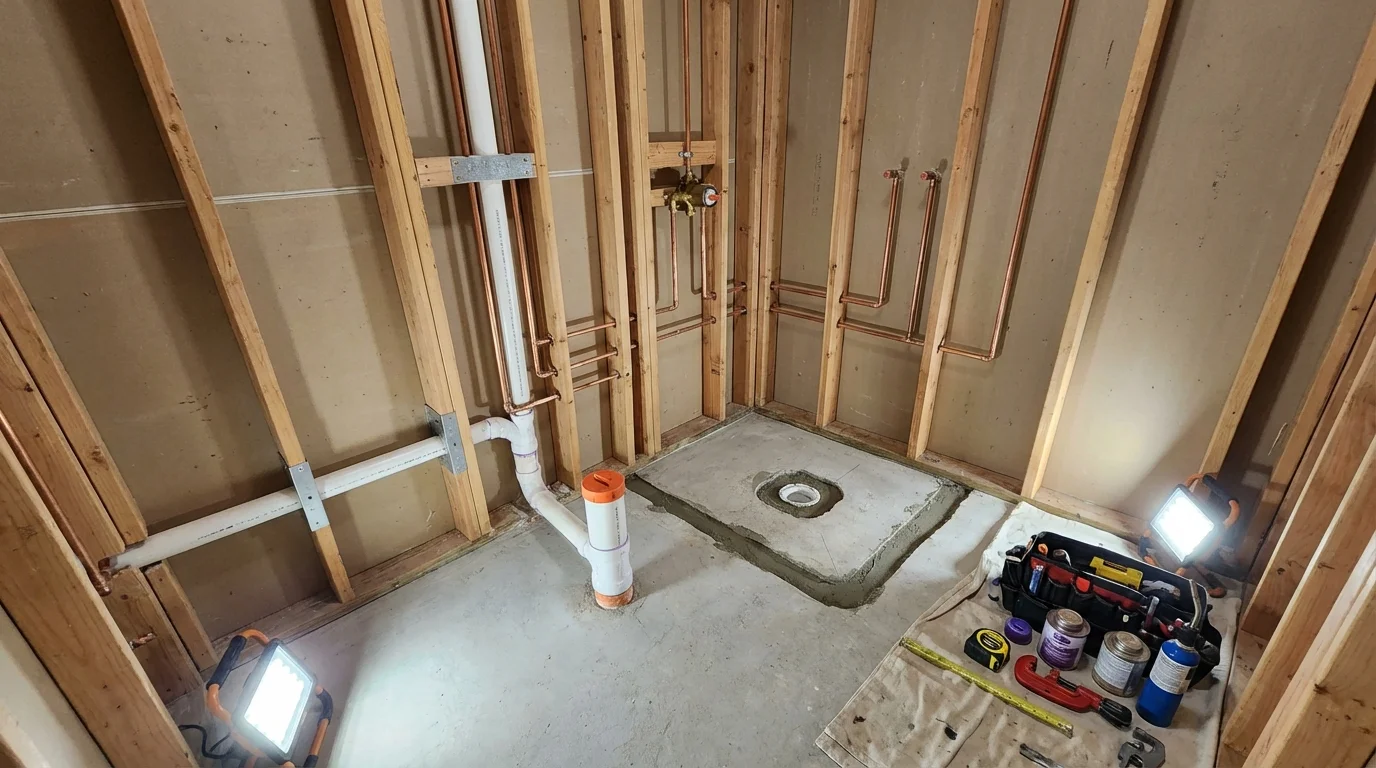 Bathroom rough-in plumbing during remodel by Johns Plumbing LLC in Methuen