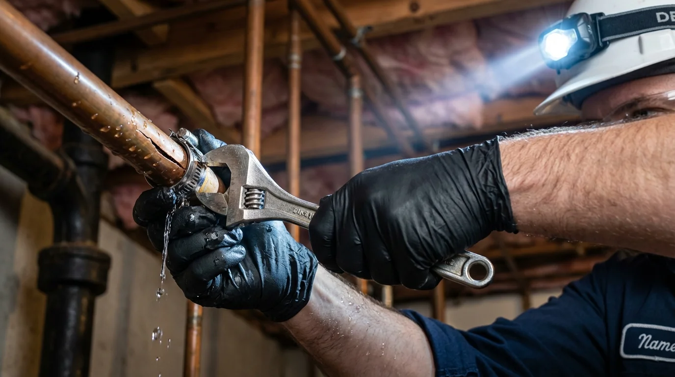 Emergency pipe clamp repair being performed by a Johns Plumbing LLC plumber in Methuen