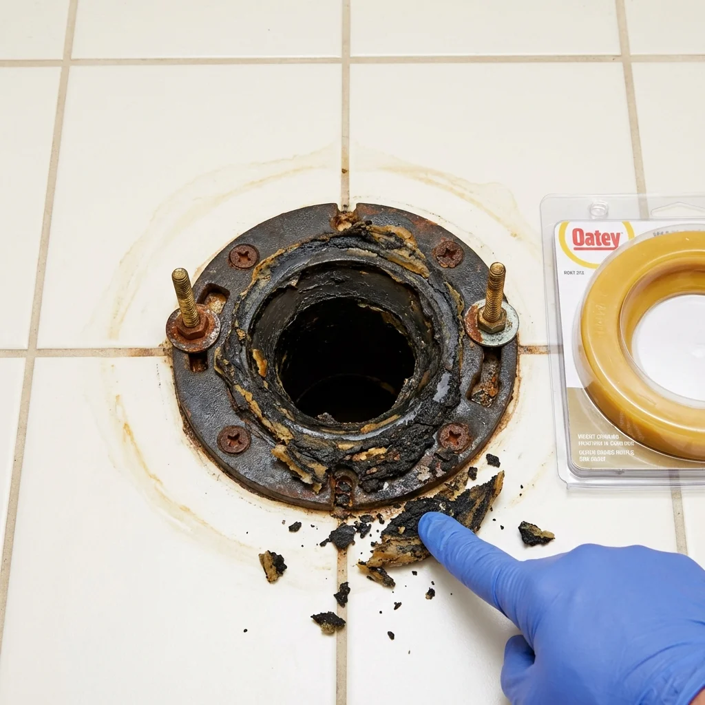 Failed wax ring showing water seepage at the base of a toilet in a Methuen, MA home