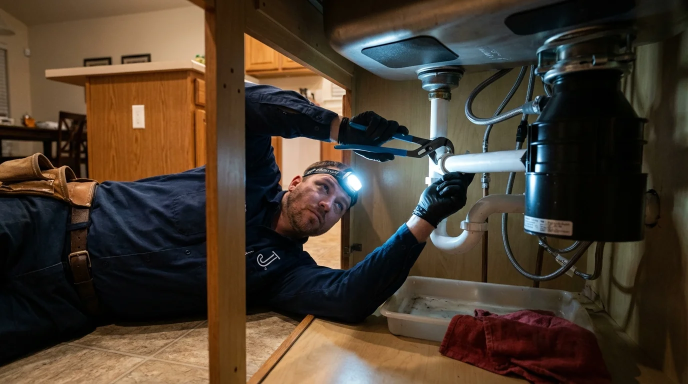 P-trap and supply line connections under a kitchen sink showing a common leak point in Methuen, MA